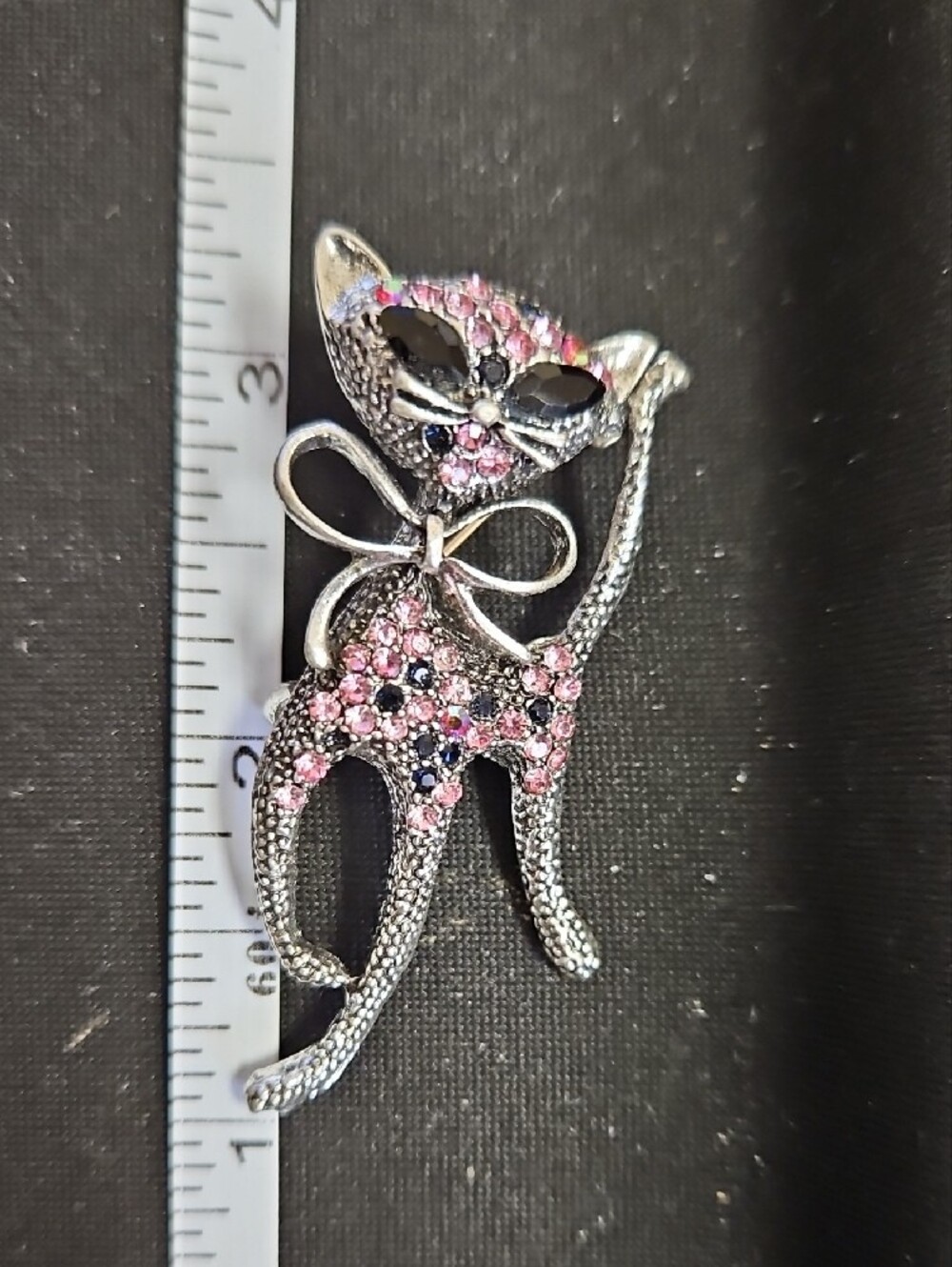 Silver-tone Pink Crystal Cat Brooch with Bow